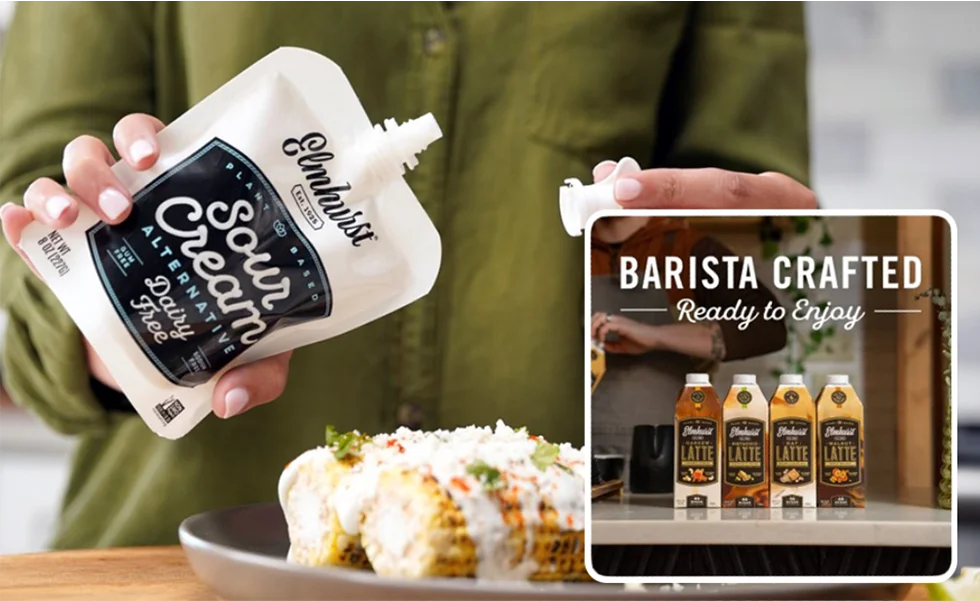 The image features a person holding a bag of Sour Cream in front of a plate of food. The food consists of rice. The person is standing next to a table with more bottles of barista-crafted beverage on it.