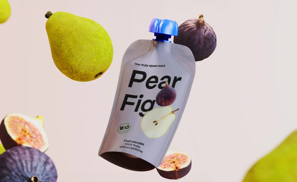 The image features a pouch of juice, which is made from pear fruits, and it is flying through the air. The bottle is labeled 