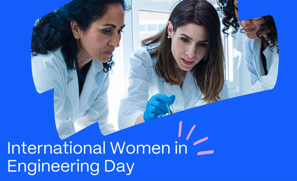 The image features three women in white lab coats, all working in the field of engineering. They are surrounded by various objects, including a microscope and a computer mouse. The women are standing in front of a blue background, which highlights their presence in the engineering field. The image also contains text that reads 